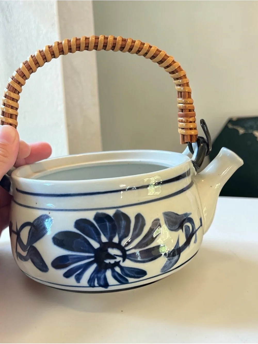 Pier 1 Blue and White Floral Ceramic Teapot with Woven Handle